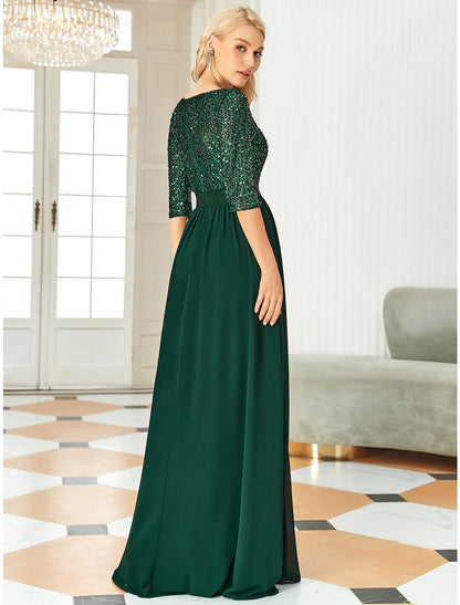 A-Line Mother of the Bride Dress Wedding Guest Plus Size Elegant Jewel Neck Floor Length Tulle Sequined 3/4 Length Sleeve with Sequin Fall