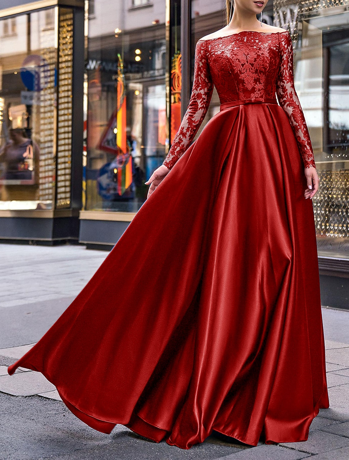 A-Line Evening Gown Elegant Dress Wedding Guest Fall Floor Length Long Sleeve Off Shoulder Belt / Sash Satin with Appliques