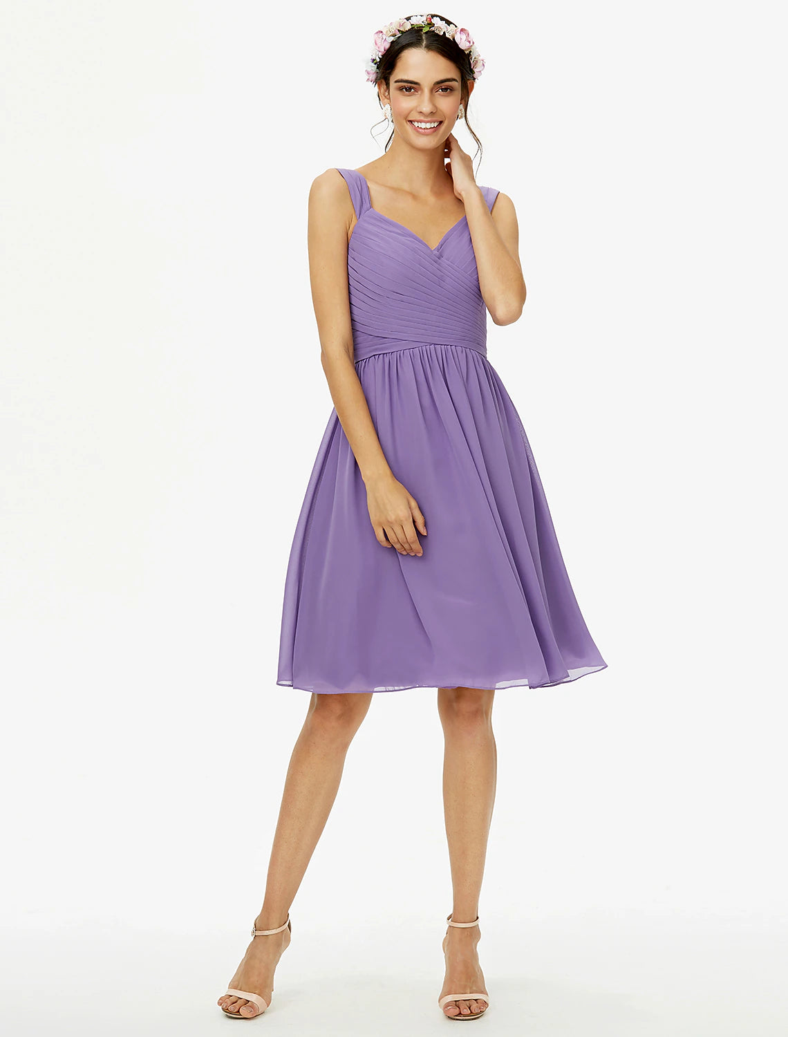 A-Line Bridesmaid Dress Straps Sleeveless Open Back Knee Length Chiffon with Sash / Ribbon / Bow(s) / Criss Cross