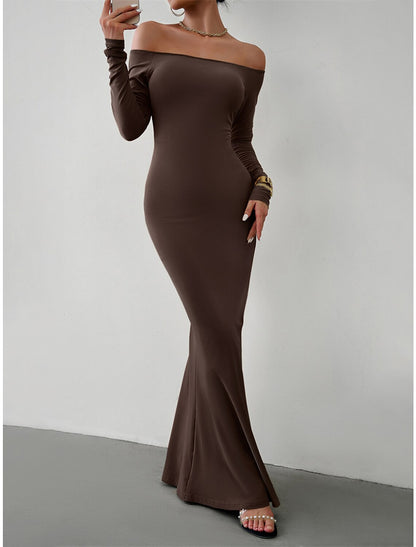 Women‘s Prom Dress Party Dress Wedding Guest Dress Black Dress Long Dress Maxi Dress White Brown Long Sleeve Pure Color Backless Fall Winter Autumn Off Shoulder Fashion Winter Dress Birthday