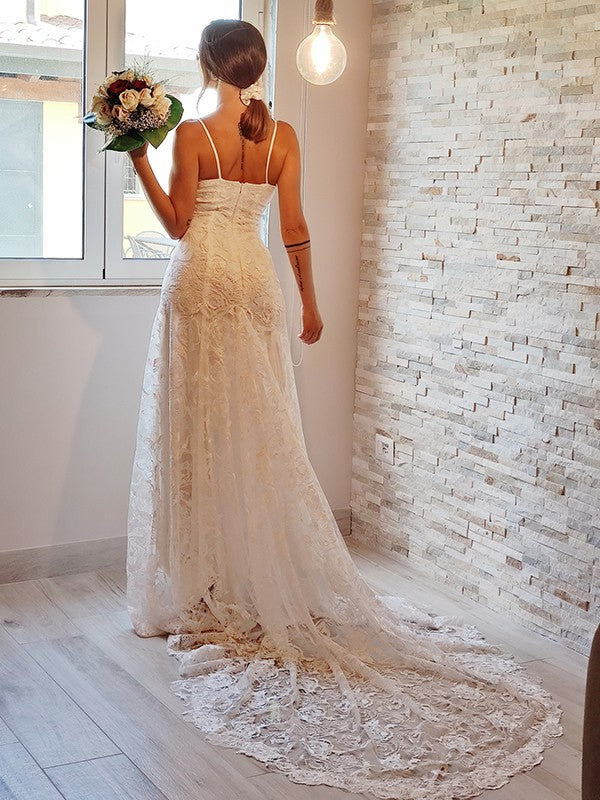 Sheath/Column Lace Applique Spaghetti Straps Sleeveless Court Train Wedding Dresses