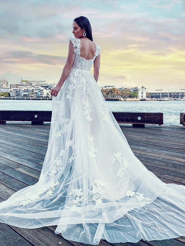 A-Line/Princess Tulle Applique Off-the-Shoulder Sleeveless Sweep/Brush Train Wedding Dresses