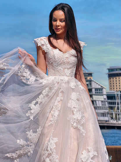 A-Line/Princess Tulle Applique Off-the-Shoulder Sleeveless Sweep/Brush Train Wedding Dresses