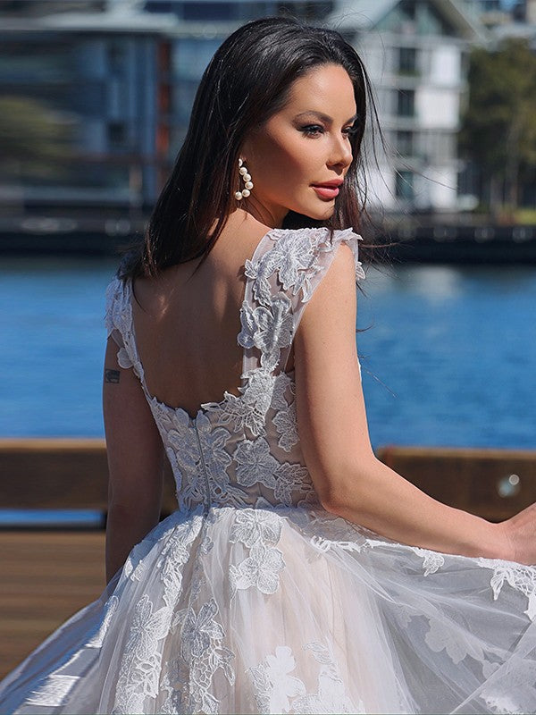 A-Line/Princess Tulle Applique Off-the-Shoulder Sleeveless Sweep/Brush Train Wedding Dresses