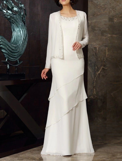 Two Piece Sheath / Column Mother of the Bride Dress Wedding Guest Elegant Plus Size Jewel Neck Floor Length Chiffon Long Sleeve Wrap Included Short Jacket Dresses with Beading Cascading Ruffles