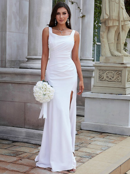 Sheath/Column Stretch Crepe Ruched Straps Sleeveless Sweep/Brush Train Wedding Dresses