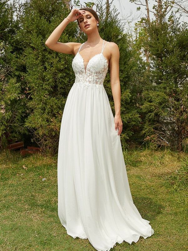 A-Line/Princess Chiffon Lace V-neck Sleeveless Sweep/Brush Train Wedding Dresses