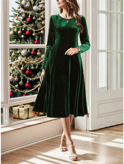 Women's Velvet Dress Party Dress Cocktail Dress Midi Dress Black Wine Blue Long Sleeve Pure Color Ruched Spring Fall Winter Crew Neck Red Valentines Dress Winter Dress Christmas Valentine's Day Slim