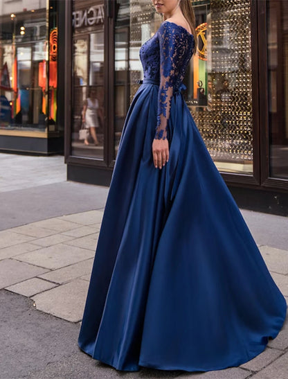 A-Line Evening Gown Elegant Dress Wedding Guest Fall Floor Length Long Sleeve Off Shoulder Belt / Sash Satin with Appliques