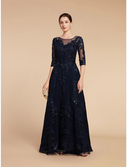 A-Line Mother of the Bride Dress Formal Wedding Guest Elegant Party Scoop Neck Floor Length Chiffon Lace 3/4 Length Sleeve with Sequin Appliques