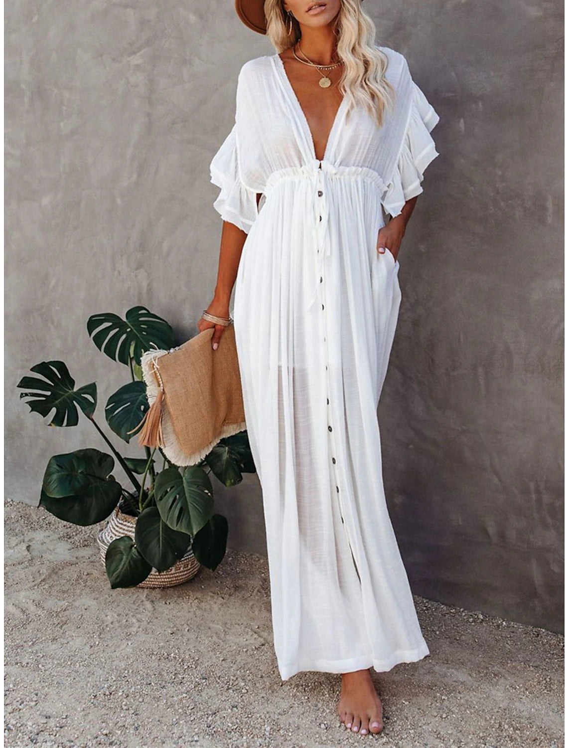 Women's Long Dress Maxi Dress Party Dress Casual Dress Swing Dress Pure Color Fashion Casual Outdoor Daily Vacation Ruffle Backless Short Sleeve V Neck Dress Loose Fit ArmyGreen White Red Summer