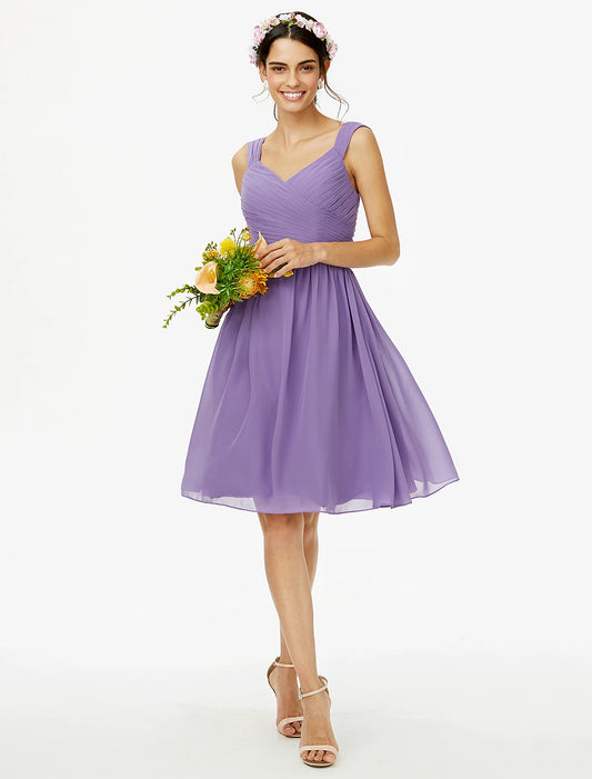 A-Line Bridesmaid Dress Straps Sleeveless Open Back Knee Length Chiffon with Sash / Ribbon / Bow(s) / Criss Cross