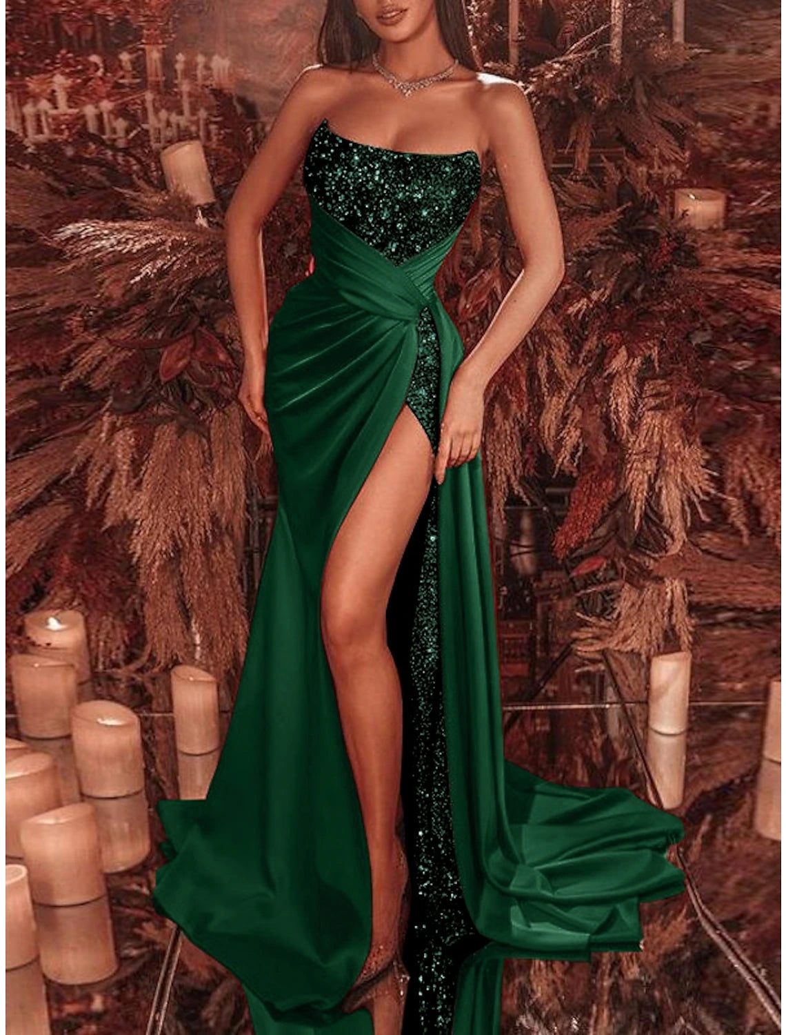 Sheath / Column Evening Gown Celebrity Style Dress Formal Wedding Guest Court Train Sleeveless Strapless Sequined with Ruched Sequin Slit