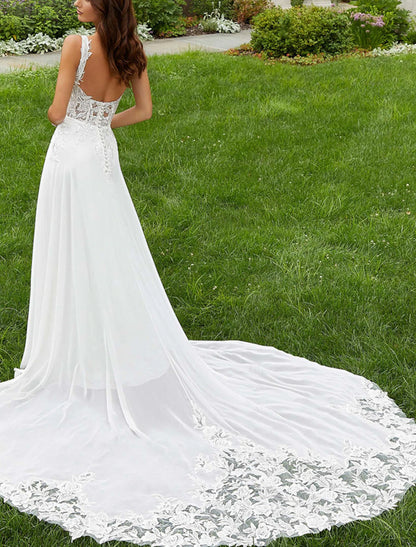 Beach Boho Wedding Dresses Sheath / Column Scoop Neck Sleeveless Court Train Chiffon Bridal Gowns With Appliques