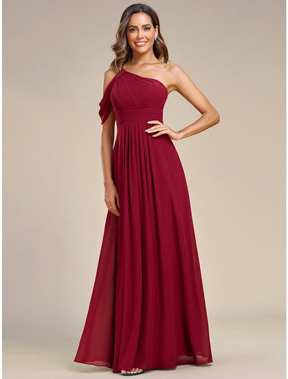 A-Line Wedding Guest Dresses Elegant Dress Formal Wedding Floor Length Sleeveless One Shoulder Chiffon with Ruched Slit