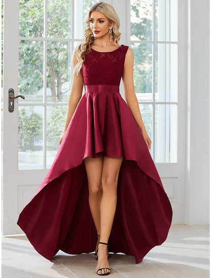 A-Line Wedding Guest Dresses Casual Dress Party Wear Wedding Party Asymmetrical Sleeveless Jewel Neck Satin with Pure Color