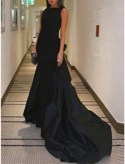 A-Line Evening Gown Elegant Dress Formal Court Train Black Dress Sleeveless Jewel Neck Satin with Bow(s) Pleats 2023