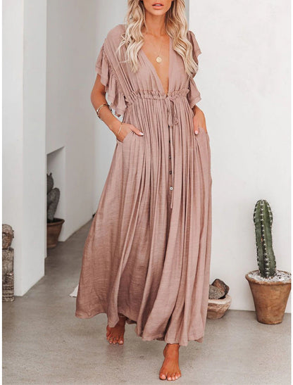 Women's Long Dress Maxi Dress Party Dress Casual Dress Swing Dress Pure Color Fashion Casual Outdoor Daily Vacation Ruffle Backless Short Sleeve V Neck Dress Loose Fit ArmyGreen White Red Summer