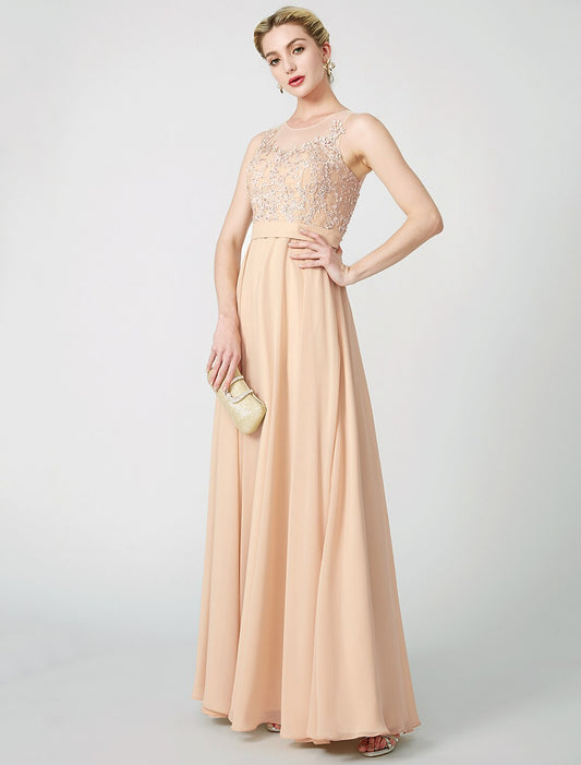 A-Line Classic & Timeless Keyhole Pastel Colors Holiday Cocktail Party Prom Dress Illusion Neck Sleeveless Floor Length Chiffon Beaded Lace with Pleats Appliques