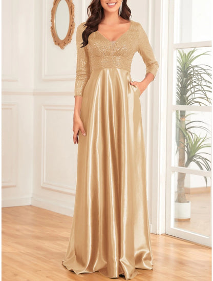 A-Line Mother of the Bride Dress Wedding Guest Elegant V Neck Floor Length Satin 3/4 Length Sleeve with Sequin Ruching