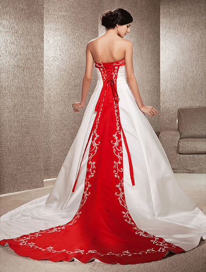 Open Back Wedding Dresses Sweep / Brush Train Ball Gown Strapless Strapless Satin With Embroidery Appliques  Bridal Gowns