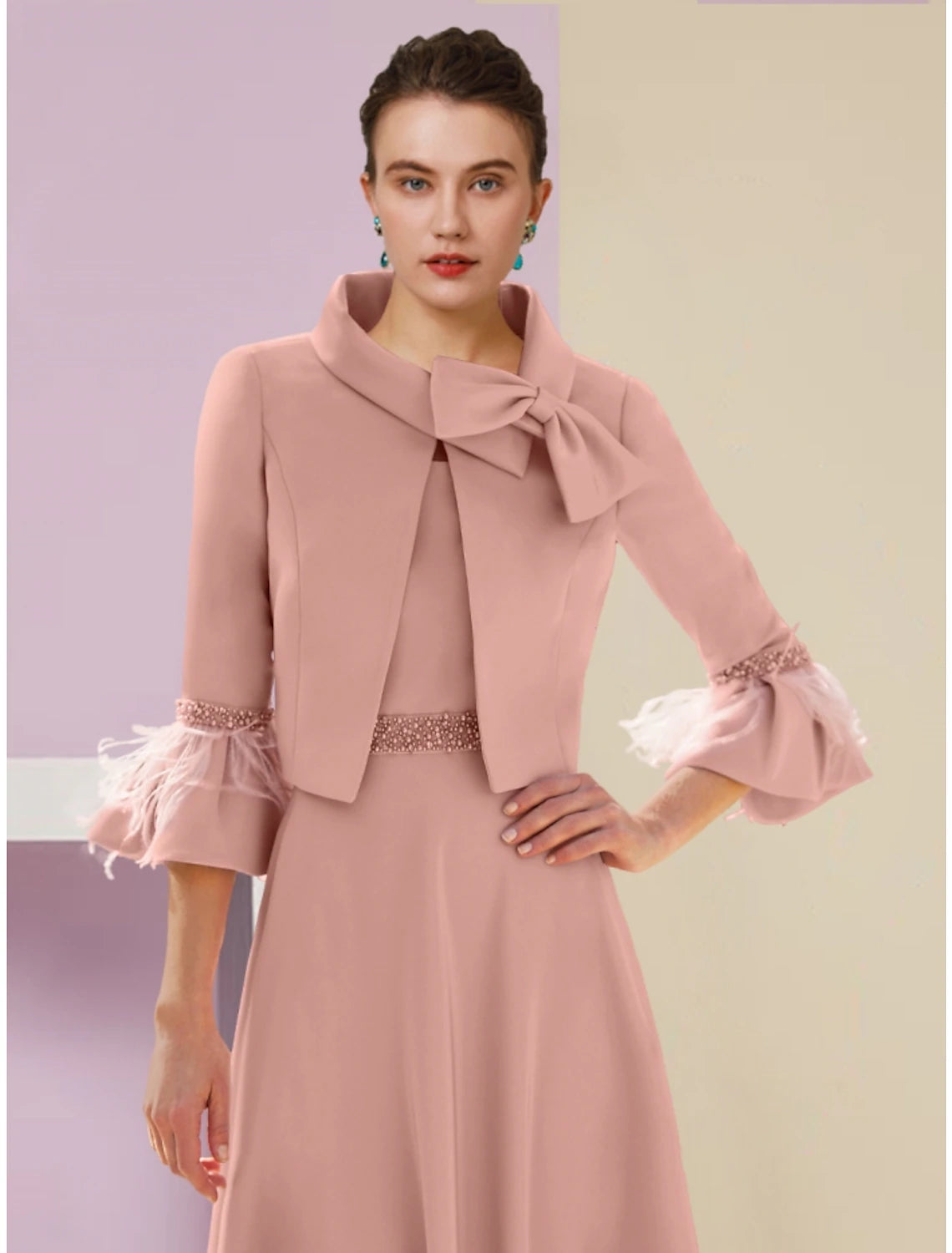 Two Piece A-Line Mother of the Bride Dress Wedding Guest Elegant Scoop Neck Ankle Length Satin 3/4 Length Sleeve with Feather Bow(s) Beading