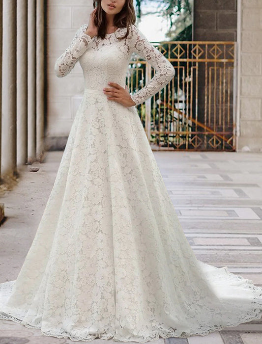 Engagement Formal Fall Wedding Dresses A-Line Illusion Neck Long Sleeve Court Train Lace Bridal Gowns With Sashes / Ribbons Pleats Summer Wedding Party, Women‘s Clothing