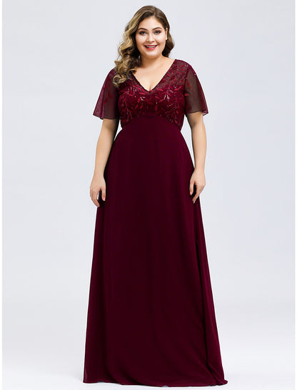 A-Line Wedding Guest Dresses Elegant Dress Fall Floor Length Short Sleeve V Neck Bridesmaid Dress Tulle with Sequin Appliques