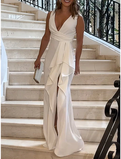 Women's Prom Dress Party Dress Wedding Guest Dress Long Dress Maxi Dress White Sleeveless Pure Color Ruffle Spring Fall Winter V Neck Fashion Winter Dress Evening Party Wedding Guest