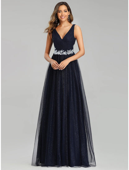 A-Line Prom Dresses Empire Dress Wedding Guest Prom Floor Length Sleeveless V Neck Tulle with Sequin Appliques