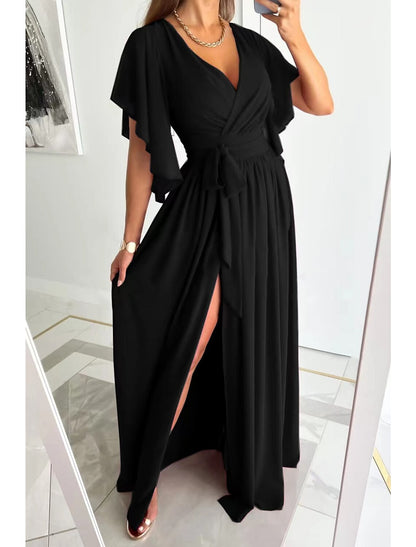 Women's Party Dress Long Dress Maxi Dress Black Blue Khaki Short Sleeve Pure Color Patchwork Fall Autumn V Neck