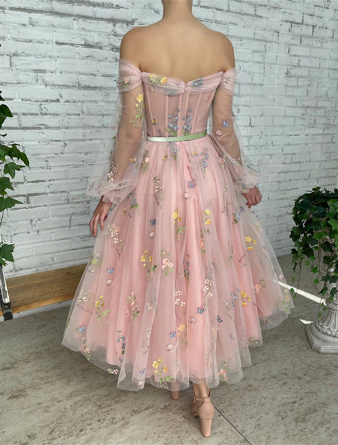 A-Line Prom Dresses Floral Dress Birthday Garden Party Ankle Length Long Sleeve Off Shoulder Fall Wedding Guest Lace with Embroidery Appliques