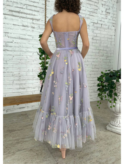 A-Line Prom Dresses Floral Dress Formal Evening Birthday Floor Length Short Sleeve Square Neck Fall Wedding Guest Lace with Pleats Appliques