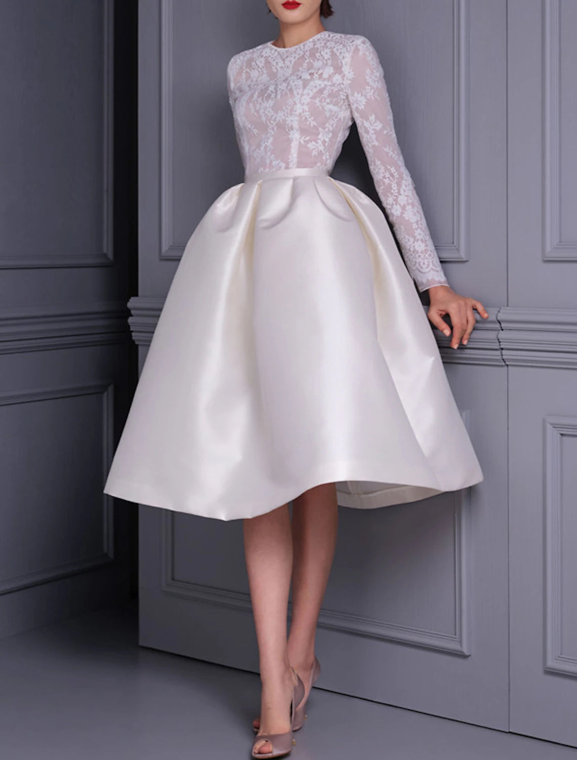 A-Line Cocktail Dresses Elegant Dress Wedding Party Birthday Knee Length Long Sleeve Jewel Neck Fall Wedding Guest Satin with Appliques Splicing