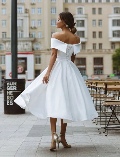 Little White Dresses Formal Wedding Dresses A-Line Off Shoulder Short Sleeve Tea Length Satin Bridal Gowns With Solid Color