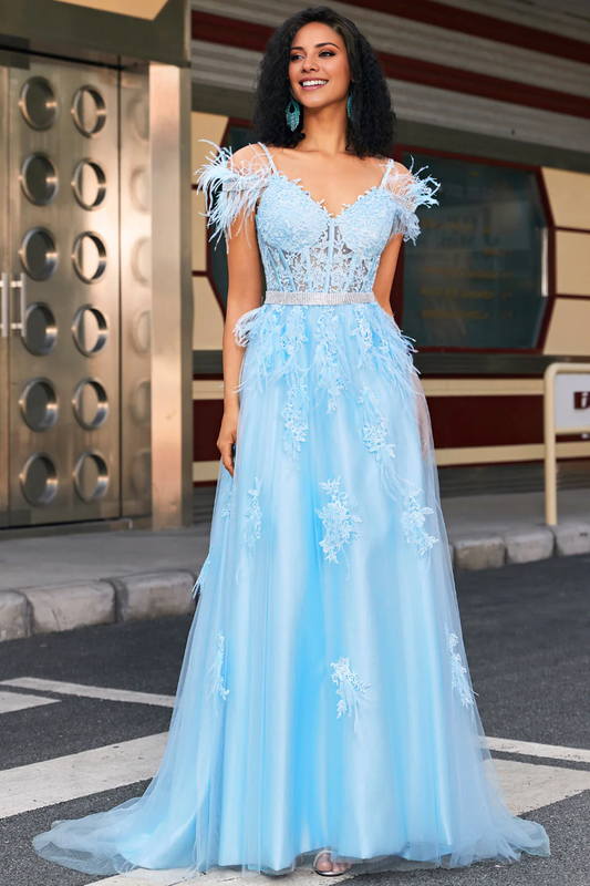 Gorgeous A Line Off the Shoulder Light Blue Corset Prom Dress with Feather