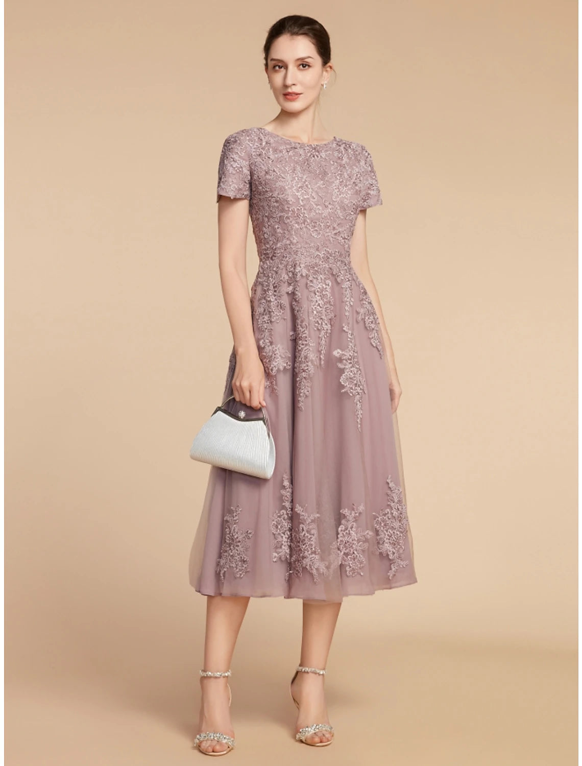 A-Line Mother of the Bride Dress Wedding Guest Elegant Petite Jewel Neck Tea Length Lace Tulle Short Sleeve with Ruching Flower