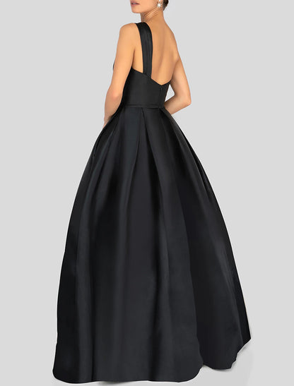 A-Line Prom Dresses Black Dress Dress Formal Prom Floor Length Sleeveless One Shoulder Satin with Ruched