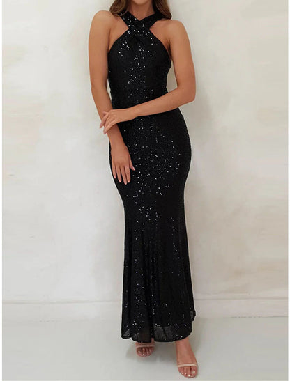 Women's Sequin Dress Prom Dress Party Dress Long Dress Maxi Dress Black Pink Red Sleeveless Plain Sequins Summer Spring Fall Halter Neck Elegant Wedding Guest Birthday Evening Party