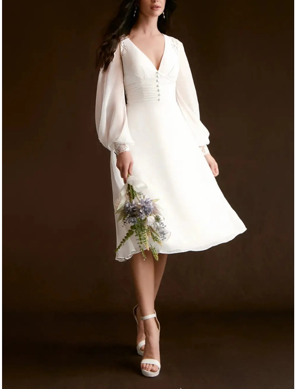 Little White Dresses Wedding Dresses A-Line V Neck Long Sleeve Knee Length Chiffon Bridal Gowns With Pleats Ruched