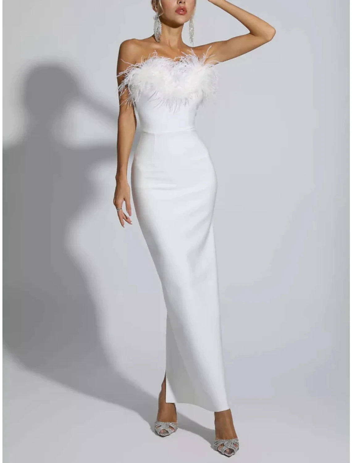 Sheath / Column Evening Gown Elegant Dress Formal Fall Ankle Length Sleeveless Strapless Stretch Fabric with Feather Slit