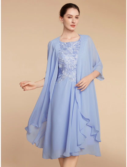 Two Piece Sheath / Column Mother of the Bride Dress Wedding Guest Elegant Petite Scoop Neck Knee Length Chiffon Lace Half Sleeve with Ruching Solid Color