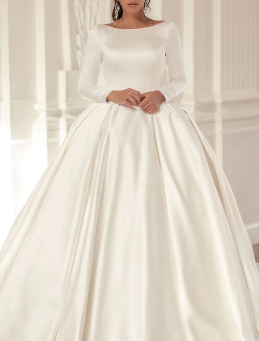 Engagement Formal Fall Wedding Dresses Open Back Ball Gown Scoop Neck Long Sleeve Chapel Train Satin Bridal Gowns With Solid Color Summer Wedding Party, Women‘s Clothing