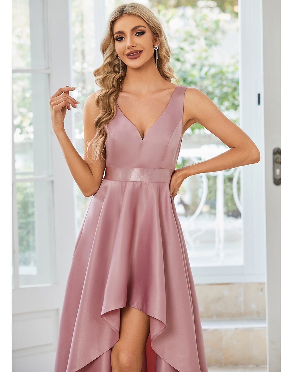 A-Line Wedding Guest Dresses Casual Dress Party Wear Wedding Party Asymmetrical Sleeveless V Neck Satin with Ruffles Pure Color