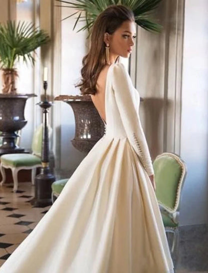 Formal Fall Wedding Dresses Ball Gown Scoop Neck Long Sleeve Court Train Satin Bridal Gowns With Buttons Pleats 2023 Summer Wedding Party, Women‘s Clothing