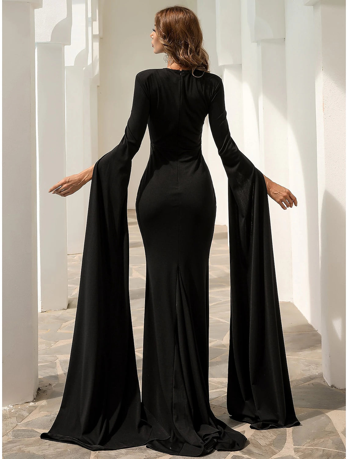 Black Mermaid / Trumpet Evening Gown Elegant Dress Formal Fall Court Train Long Sleeve Jewel Neck Stretch Fabric with Pleats