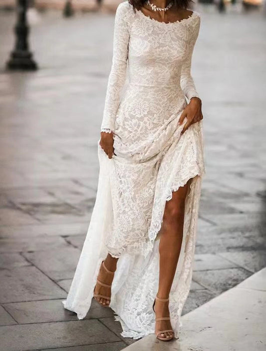 A-Line Evening Gown Open Back Dress Formal Wedding Party Dress Sweep / Brush Train Long Sleeve Jewel Neck Lace with Appliques