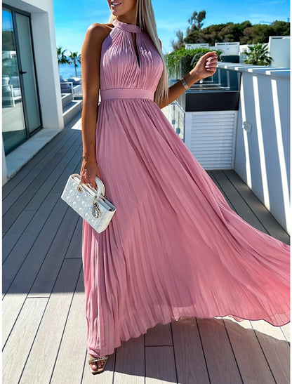 Women's Long Dress Maxi Dress Party Dress Casual Dress Summer Dress Pure Color Streetwear Casual Outdoor Holiday Going out Ruched Pleated Sleeveless Halter Neck Dress Slim Pink Blue Summer Spring S M