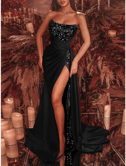 Sheath / Column Evening Gown Celebrity Style Dress Formal Wedding Guest Court Train Sleeveless Strapless Sequined with Ruched Sequin Slit