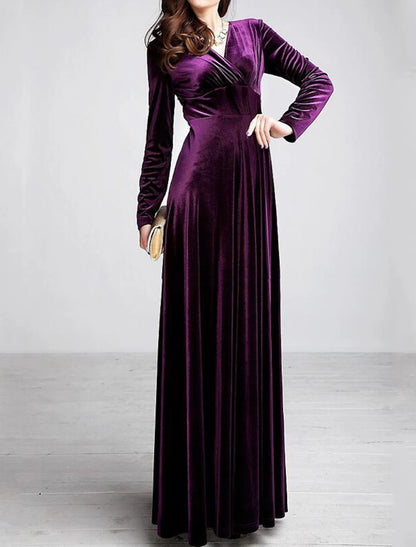 Women's Party Dress Velvet Dress Long Dress Maxi Dress Wine Black Purple Long Sleeve Pure Color Ruched Winter Fall Autumn V Neck Fashion Party Winter Dress Fall Dress